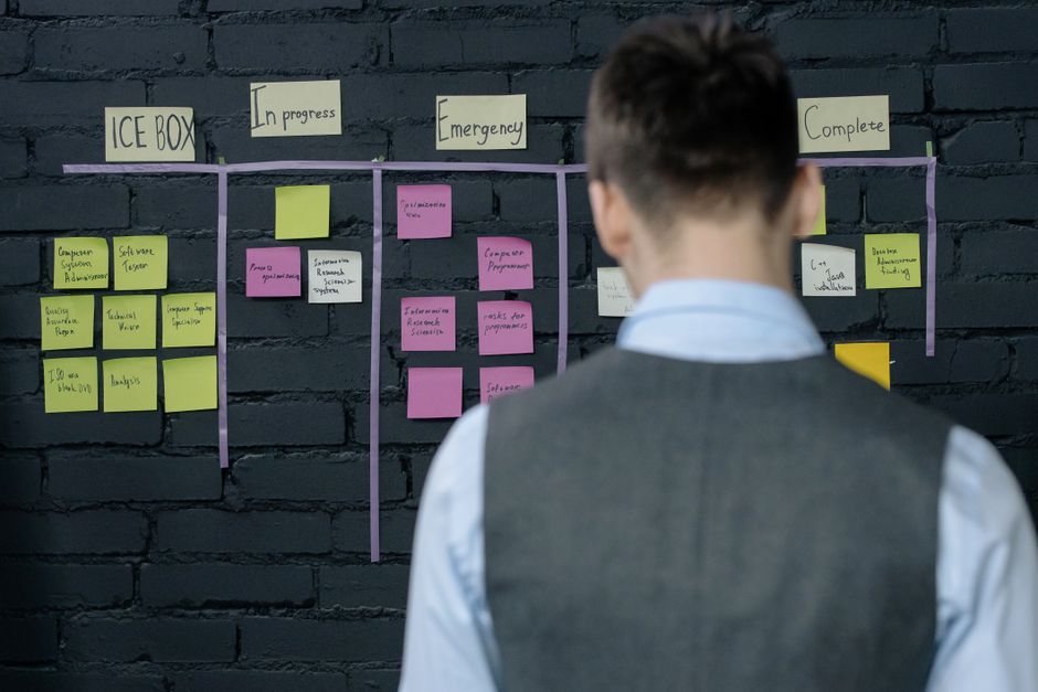 Person with back to camera reviewing a wall-mounted Kanban board with sticky notes for stages: Ice Box, In progress, Emergency, Complete, on a dark brick wall.